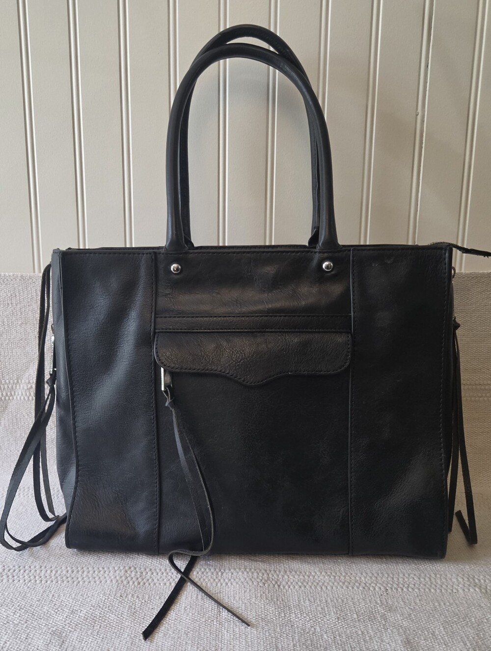 Rebecca Minkoff Black Leather MAB Tote with Side Zips